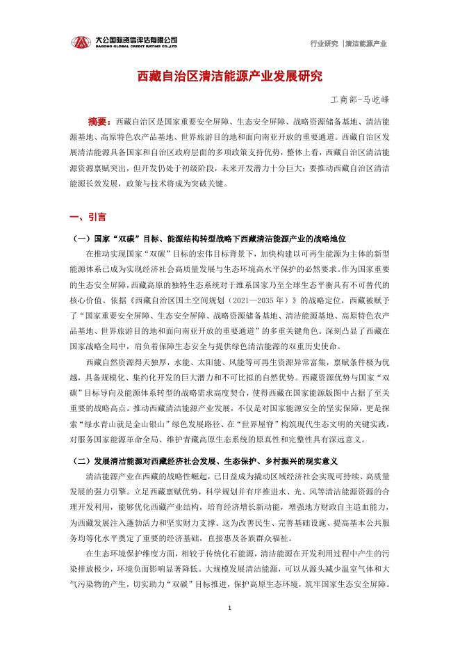 大公国际：2025年西藏自治区清洁能源产业发展研究报告海报