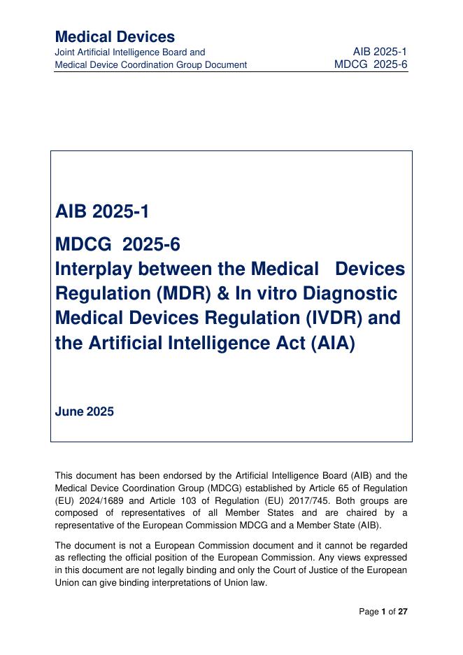 欧盟：MDCG 2025-6：医疗器械人工智能监管新动向（英文版）