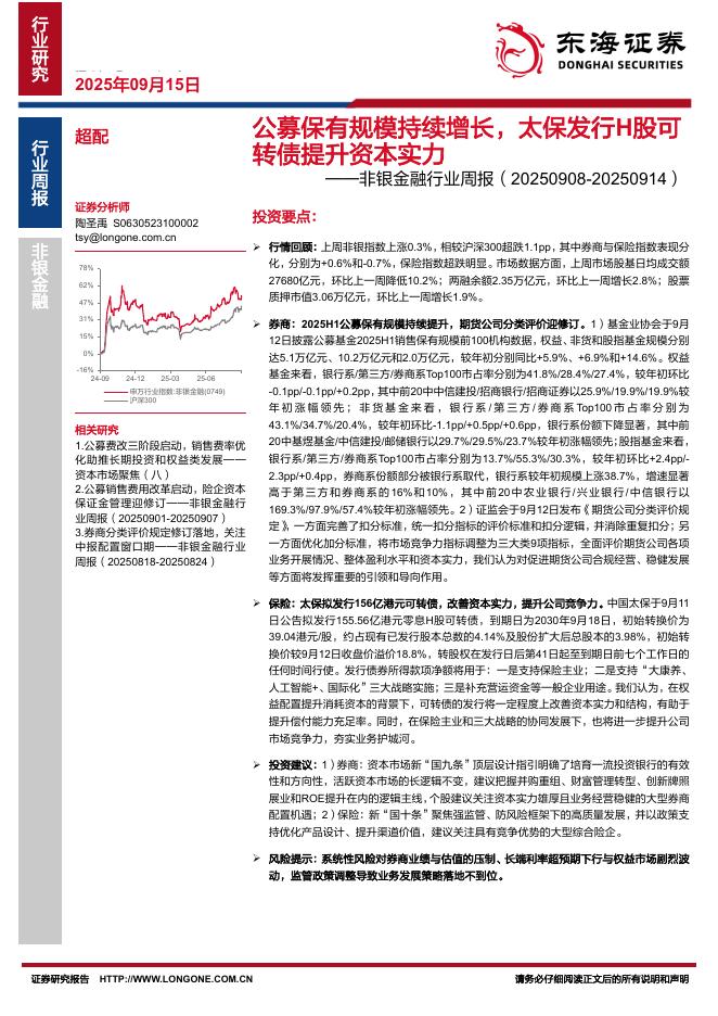 东海证券：非银金融行业周报：公募保有规模持续增长，太保发行H股可转债提升资本实力海报