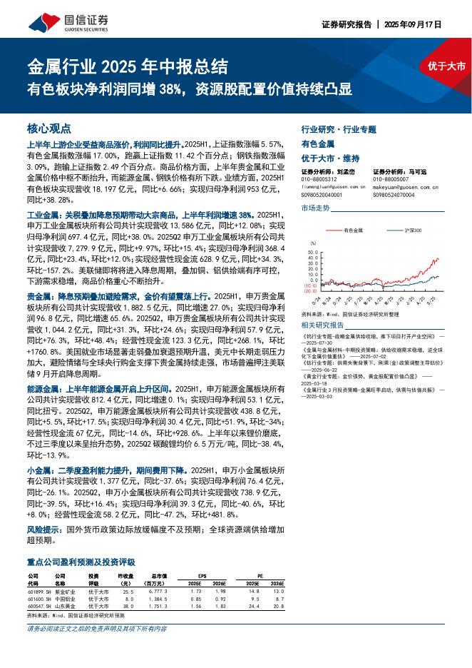 国信证券：金属行业2025年中报总结：有色板块净利润同增38%，资源股配置价值持续凸显海报