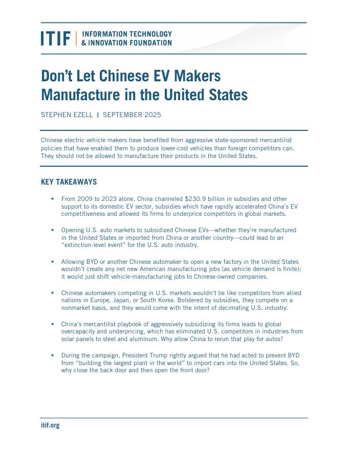 ITIF：2025年不要让中国的电动汽车制造商在美国生产报告（英文版）海报