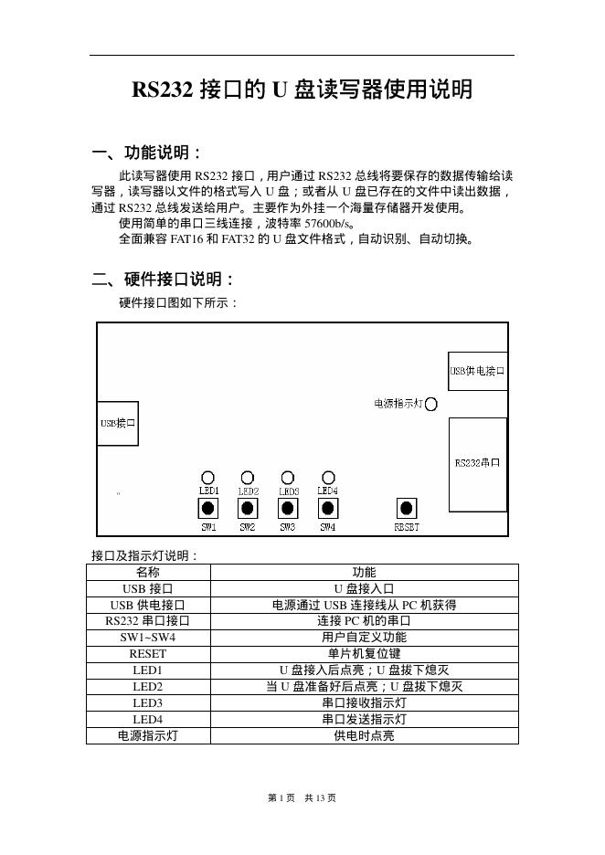 RS232 接口的U盘读写器 使用说明