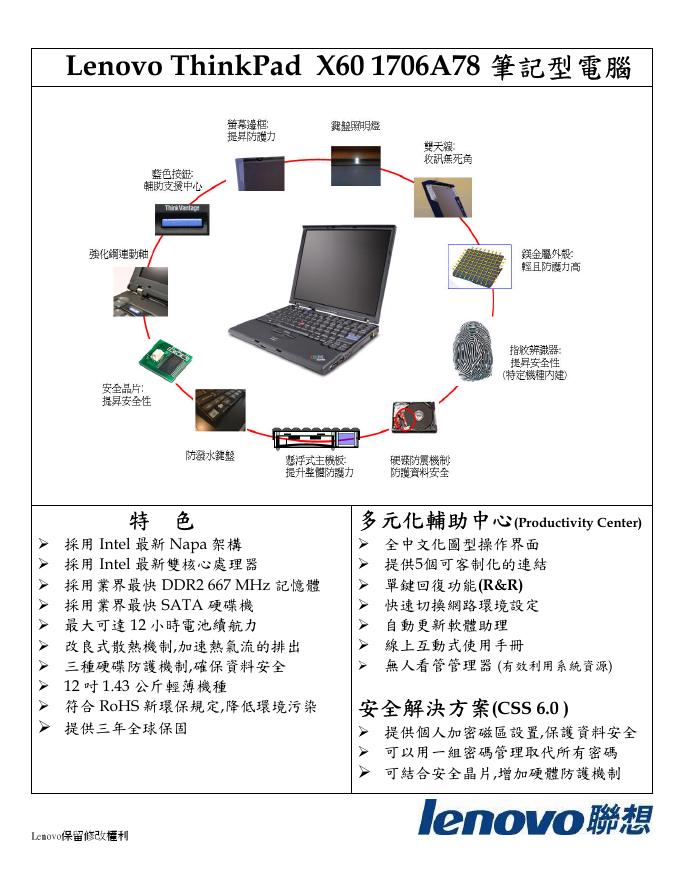 Lenovo ThinkPad  X60 1706A78 筆記型電腦   说明书