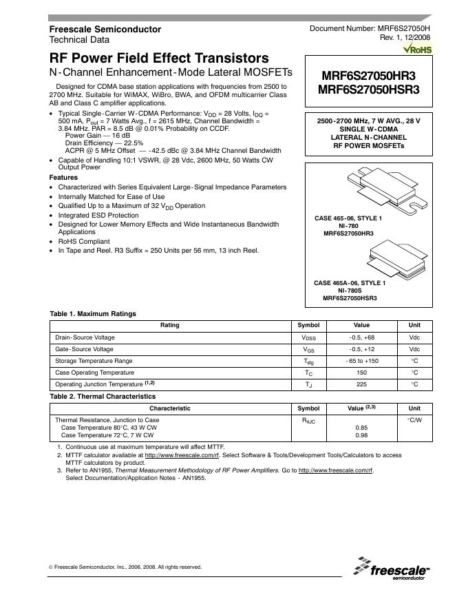 freescale MRF6S27050HR3/MRF6S270850HSR3 说明书