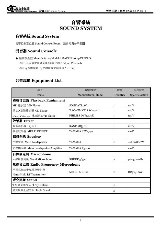 Manufacturer 音响系统Sound System MACKIE 1604-VLZPRO  说明书