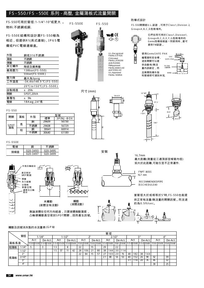 FS-550/FS-550E系列-高壓 金属荡板式流量开关 说明书