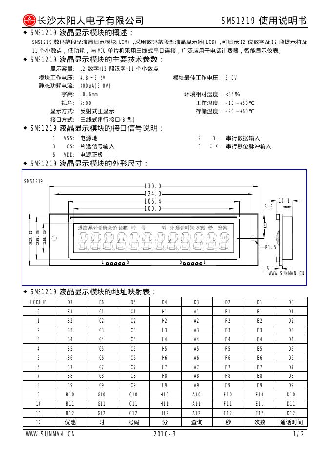 长沙太阳人电子有限公司  液晶显示模块 SMS1219 使用说明书