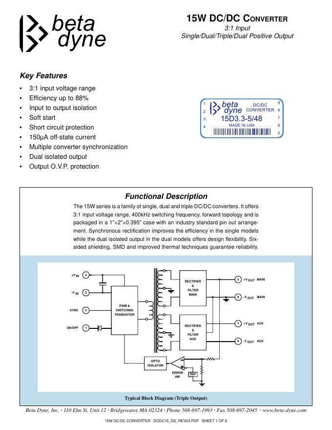 beta dyne 15W DC/DC CONVERTER 3:1 Input Single/Dual/Triple/Dual Positive Output 说明书