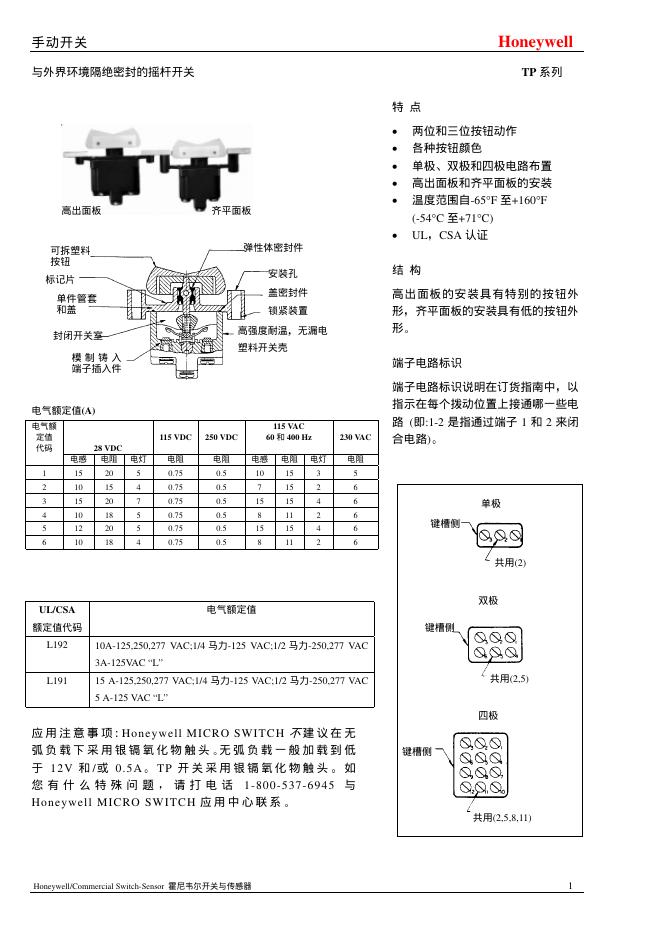 Honeywell TP系列手动开关 说明书