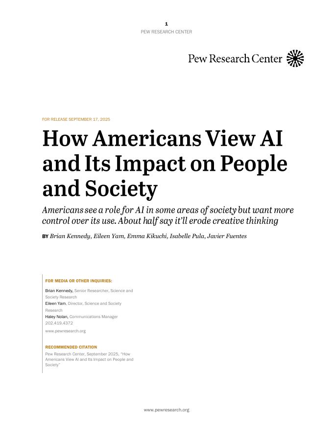 皮尤研究中心：2025年美国民众对AI及其对个人与社会影响的看法调研报告（英文版）海报
