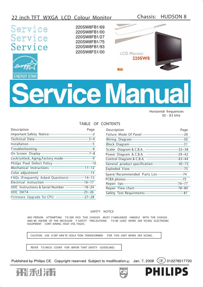 飞利浦 220sw8 LCD MONITOR 说明书