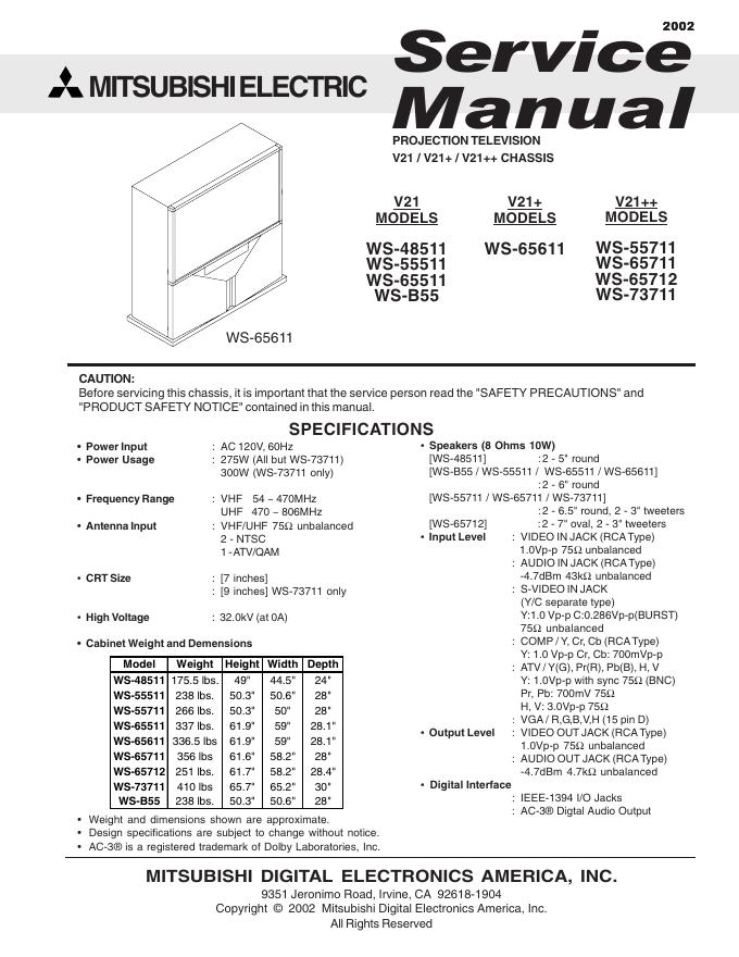 三菱 V21 MODELS WS-48511 WS-55511 WS-65511 WS-B55 V21+ MODELS WS-65611 WS-65611 V21++ MODELS WS-55711 WS-65711 WS-65712 WS-73711 说明书