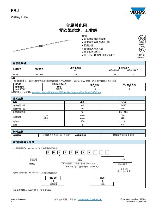 VISHAY  FRJ Vishay Dale 金属膜电阻 说明书