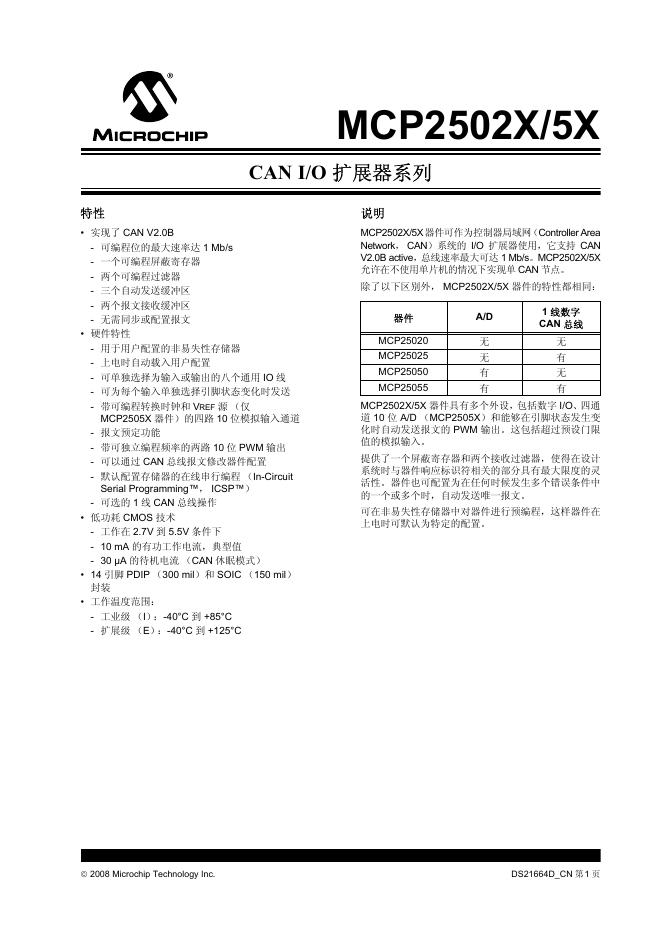 MICROCHIP MCP2502X/5X 说明书