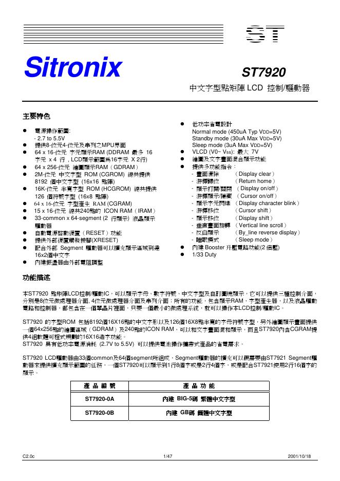 Sitronix  ST7920 中文字型點矩陣 LCD  控制/驅動 说明书(1)