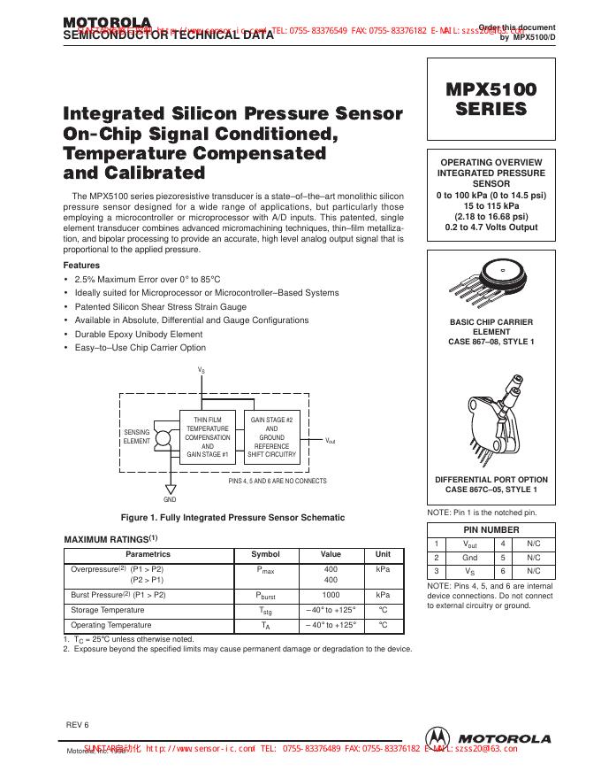 MOTOROLA MPX5100压力传感器 说明书