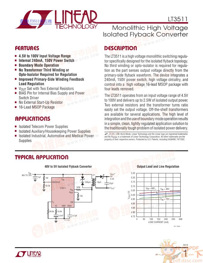 LINEAR LT3511 Monolithic High Voltage Isolated Flyback Converter 说明书