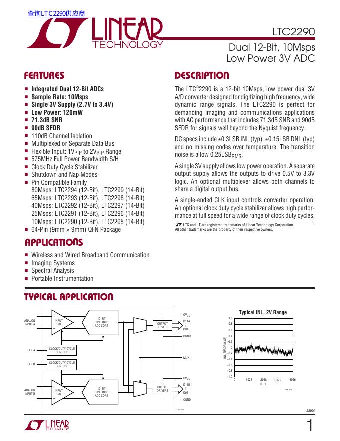 LENEAD LTC2290 Dual 12-Bit, 10Msps Low Power 3V ADC 说明书