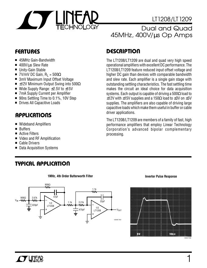 LINEAR LT1208/LT1209  Dual and Quad 45MHz, 400V/µs Op Amp 说明书