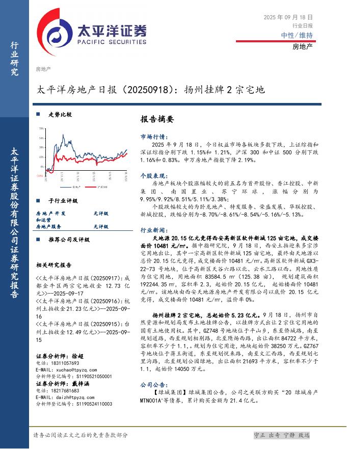 太平洋证券：房地产日报：扬州挂牌2宗宅地海报