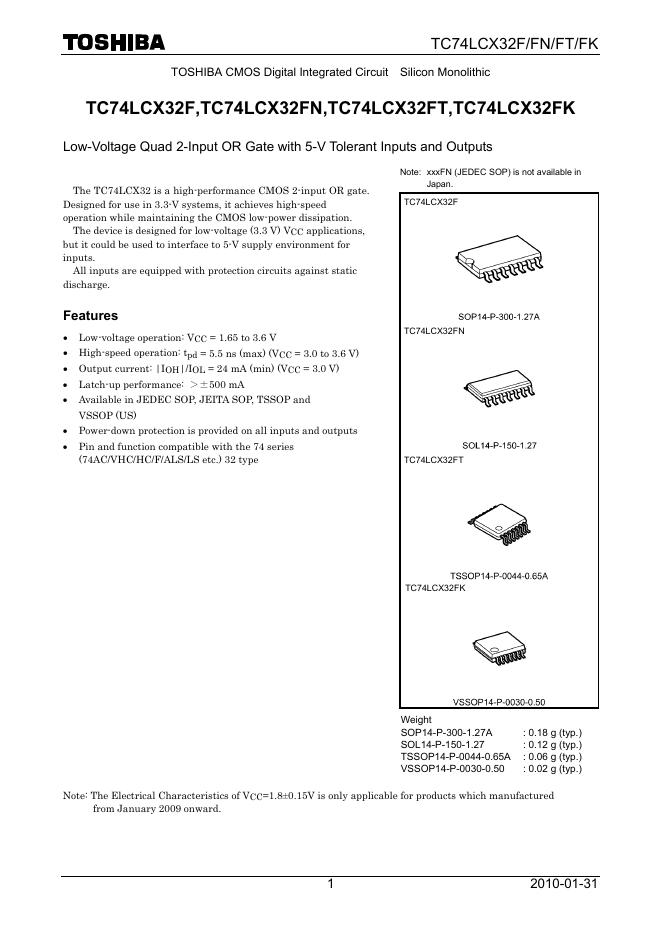 东芝 TC74LCX32F,TC74LCX32FN,TC74LCX32FT,TC74LCX32FK 说明书