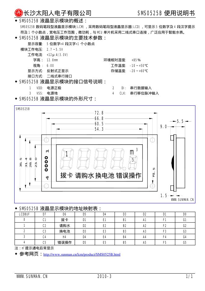 长沙太阳人电子有限公司 长沙太阳人电子有限公司 SMS05258 液晶显示模块 使用说明书