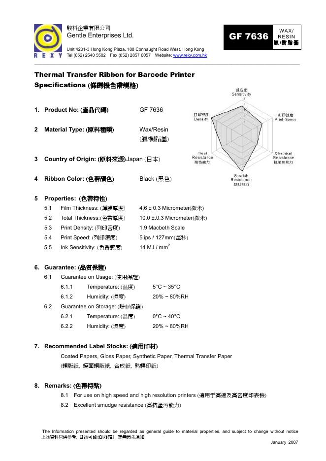 骏科企业有限公司 GF 7636 WAX/  RESIN  臘 /樹脂基  说明书