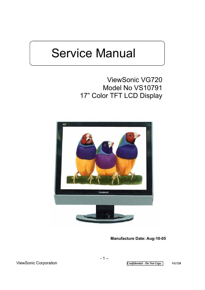 优派 VG720Model No VS10791  17” Color TFT LCD Display 说明书