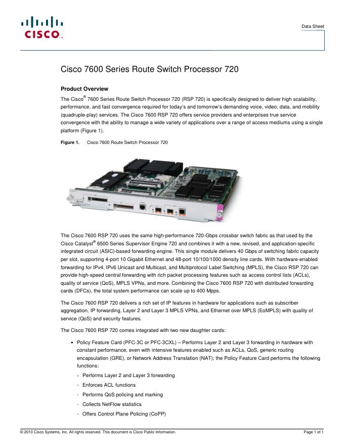 Cisco 7600 Series Route Switch Processor 720 说明书