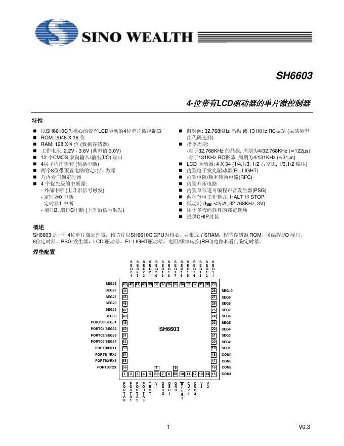 SINO WEALTH SH66603 4-位带有LCD驱动器的单片微控制器 说明书