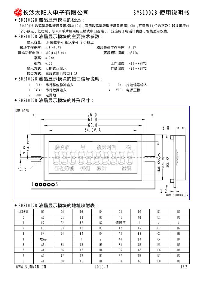 长沙太阳人电子有限公司 SMS1002B 使用说明书
