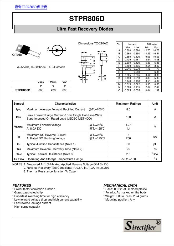 Sirectifier STPR806D Ultra Fast Recovery Diodes 说明书