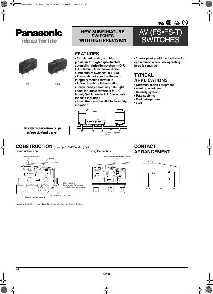 松下 NEW SUBMINIATURE  SWITCHES  WITH HIGH PRECISION AV (FS•FS-T)  SWITCHES 说明书