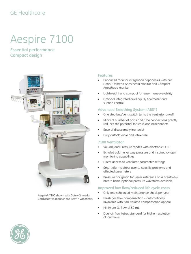 GE Healthcare Aespire 7100 Essential performance  Compact design 说明书