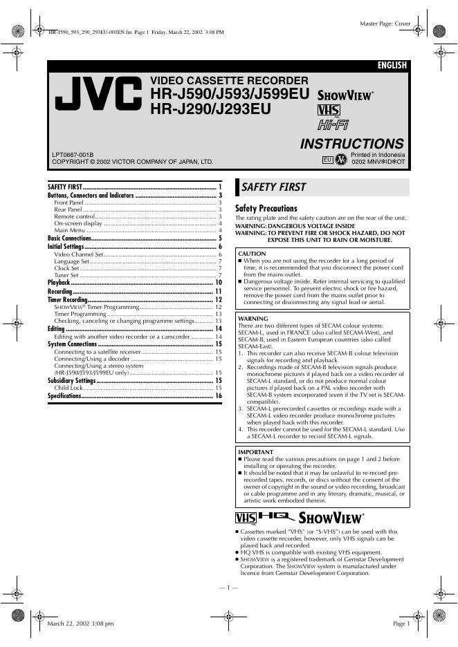 JVC HR-J590/J593/J599EU/J290/J293EU 说明书