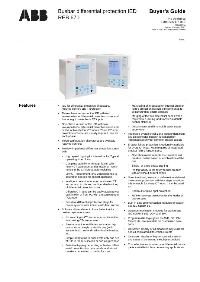 ABB REB 670  Busbar differential protection IED 说明书
