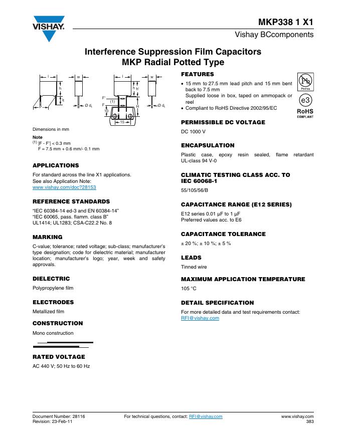 VISHAY MKP338 1 X1 Vishay BCcomponents Interference Suppression Film Capacitors MKP Radial Potted Type 说明书