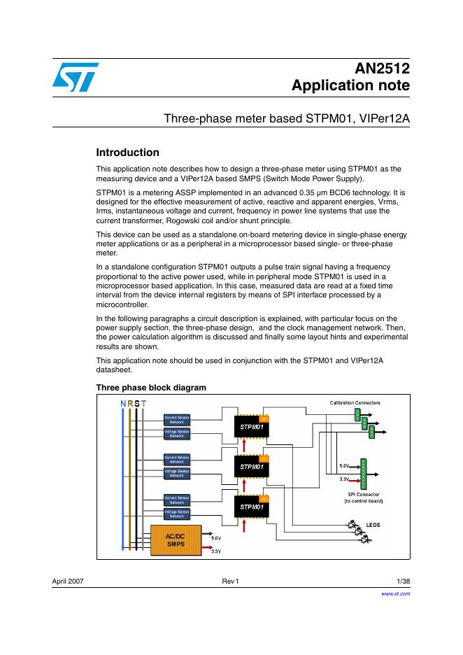 ST AN2512 Application note Three-phase meter based STPM01, VIPer12A 说明书
