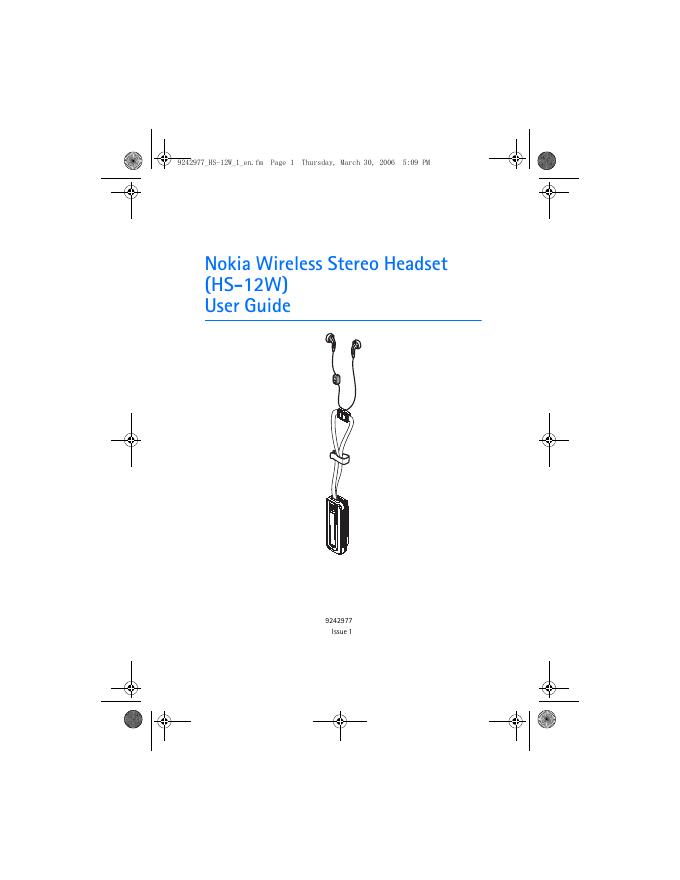Nokia Wireless Stereo Headset  (HS-12W) User Guide 说明书