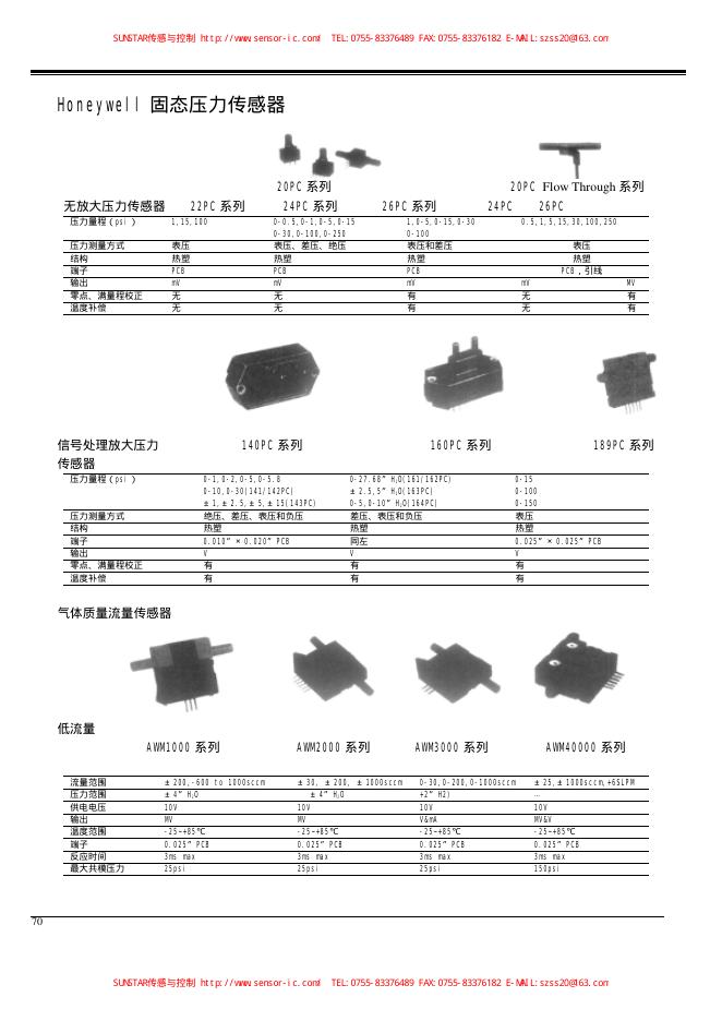 Honeywell 固态压力传感器 说明书