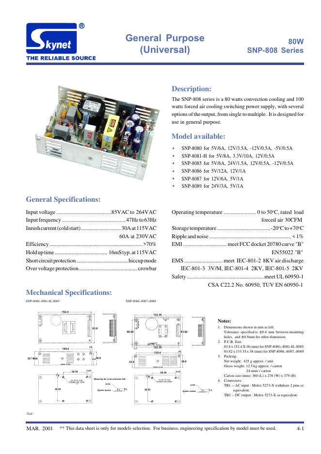 General Purpose 80W SNP-808 Series 说明书