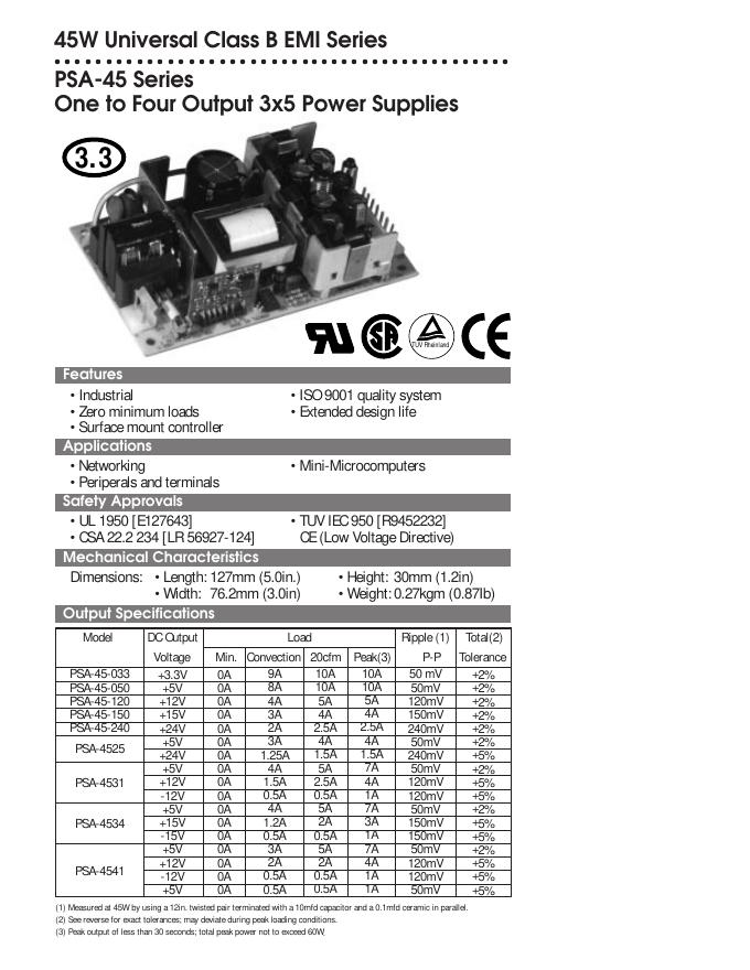 PHIHONG 45W Universal Class B EMI Series PSA-45 Series One to Four Output 3x5 Power Supplies 说明书