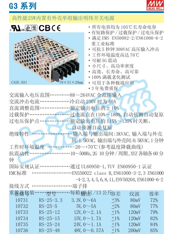 MW G3系列高性能25W内置有外壳单组输出明纬开关电源 说明书(1)