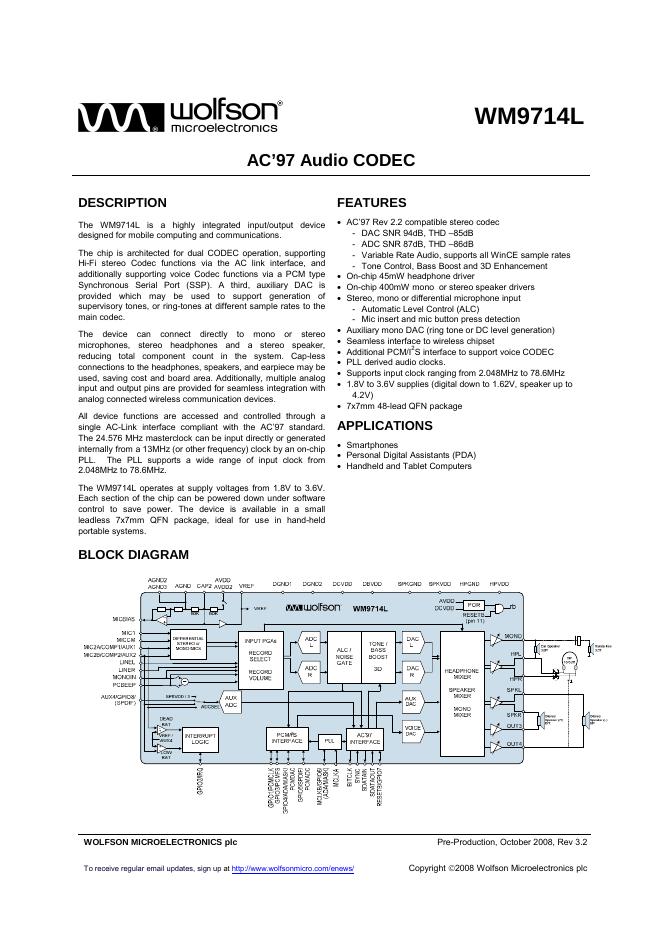 wolfson WM9714L AC’97 Audio CODEC 说明书