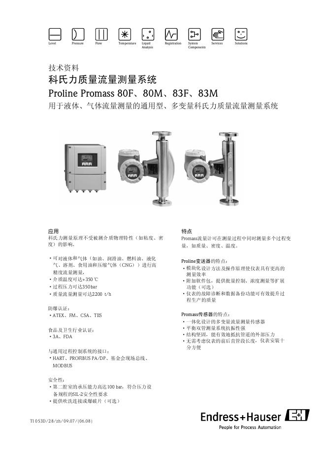 Proline Promass 80F 80M 83F 83M 科氏力质量流量测量系统 说明书