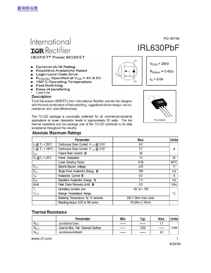 International IOR Rectifier IRL630PbF 说明书