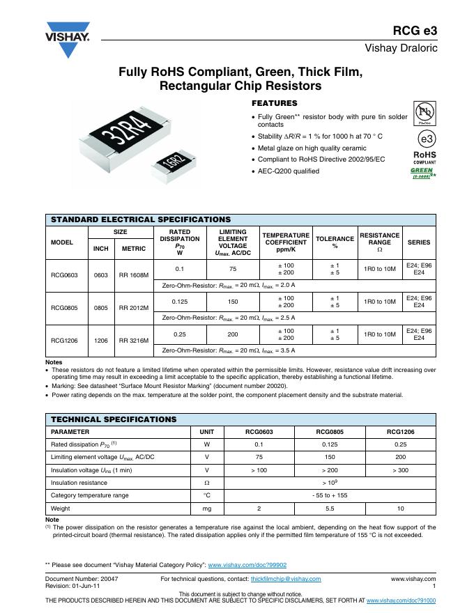 VISHAY RCG e3 Fully RoHS Compliant, Green, Thick Film,  Rectangular Chip Resistors 说明书