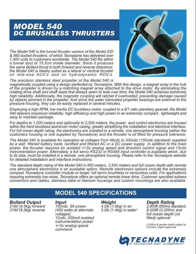 a tecnova inc company model 540 dc brushless thrusters 说明书