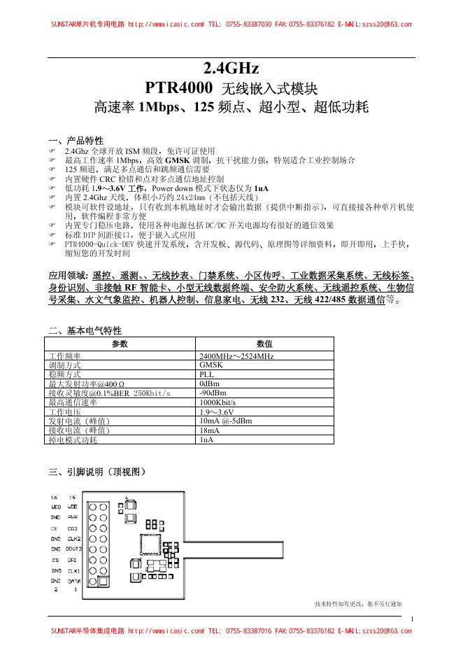 PTR4000  无线嵌入式模块 高速率 1Mbps 125 频点 超小型 超低功耗使用说明书