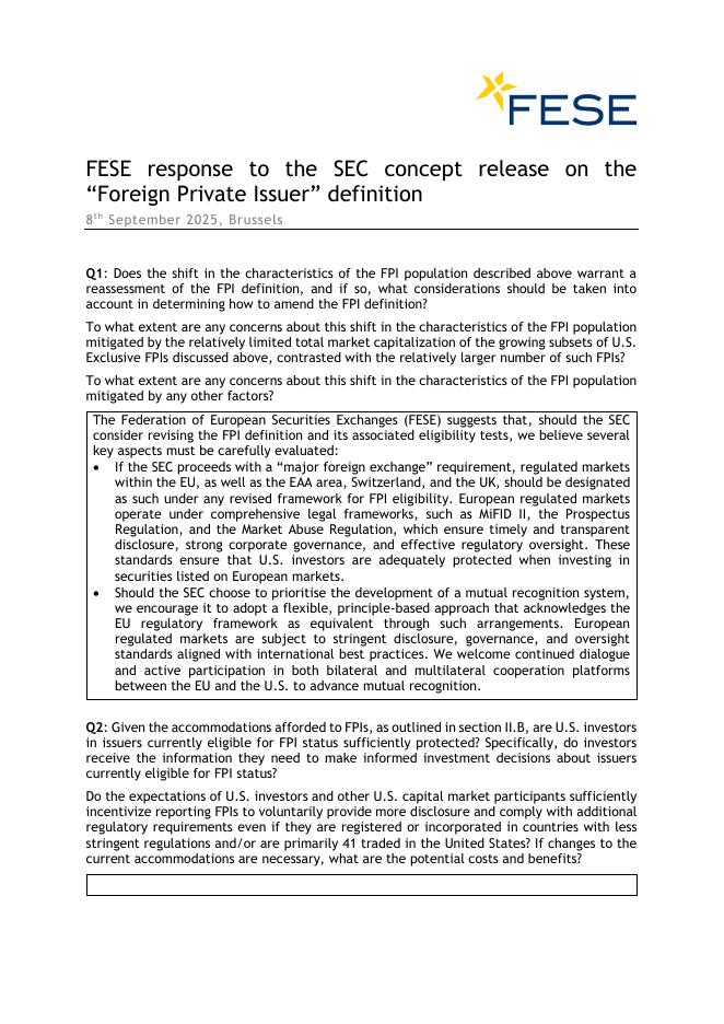 FESE：：2025年ESE对SEC关于“外国私人发行人”定义的概念发布作出的回应报告（英文版）海报